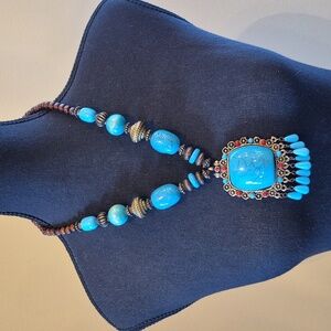 STATEMENT Bohemian Tribal Turquoise Tone Beaded Pendant Necklace